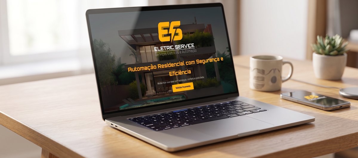 Landing page da ES Eletric Service aberta em um notebook