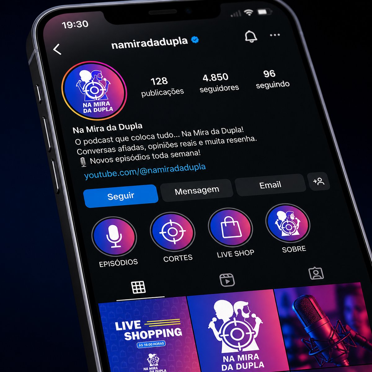 Interface de Instagram do podcast Na Mira da Dupla
